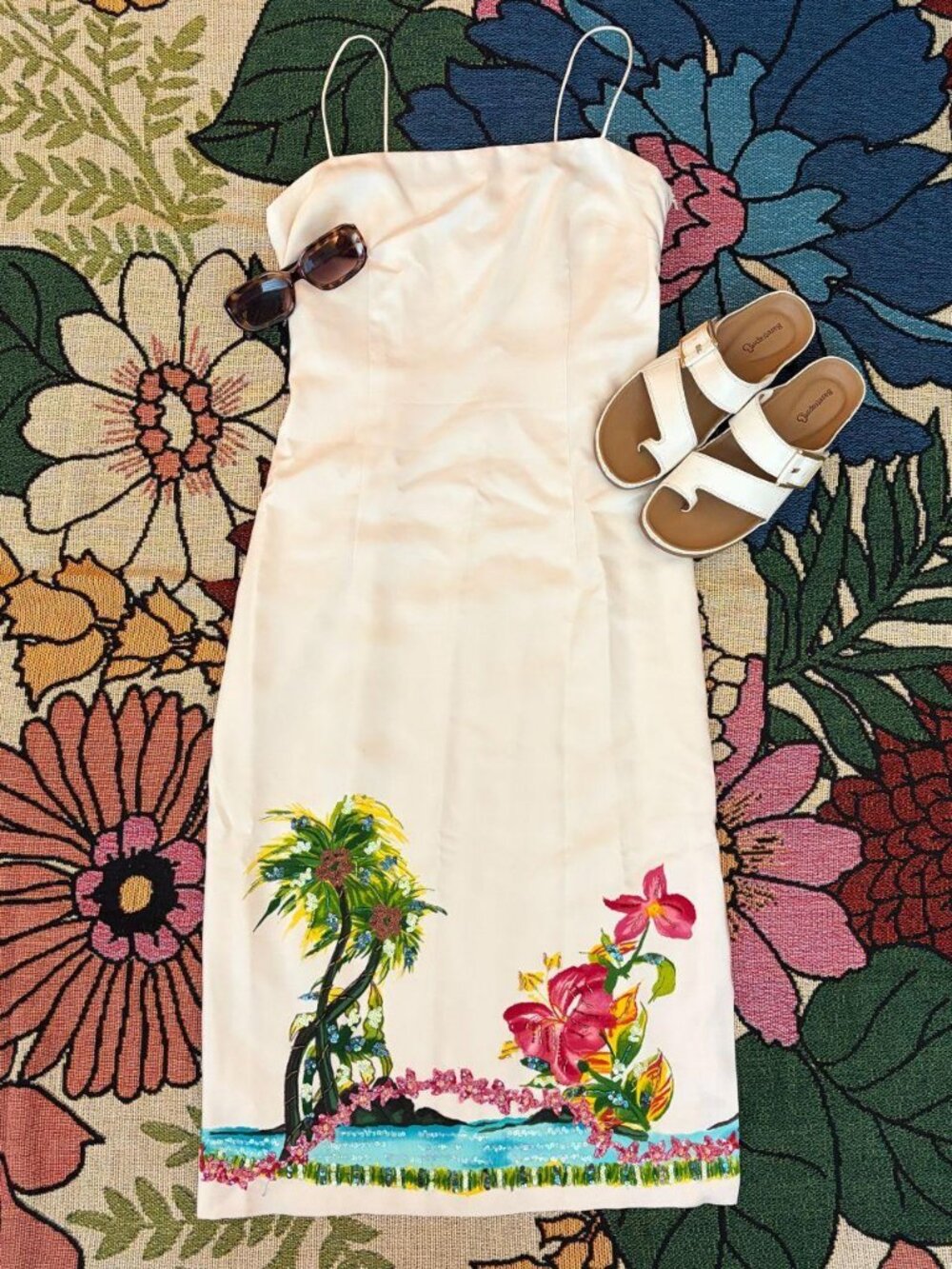 Vintage Donna Morgan Cream Silk Tropical Midi Dress 6